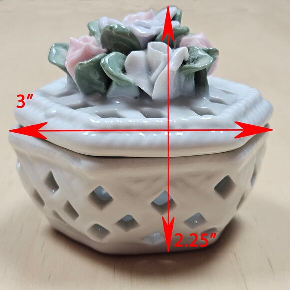 Trinket Box Hexagon Floral topped  Reticulated Porcelain White Pastel Flowers - Picture 7 of 7
